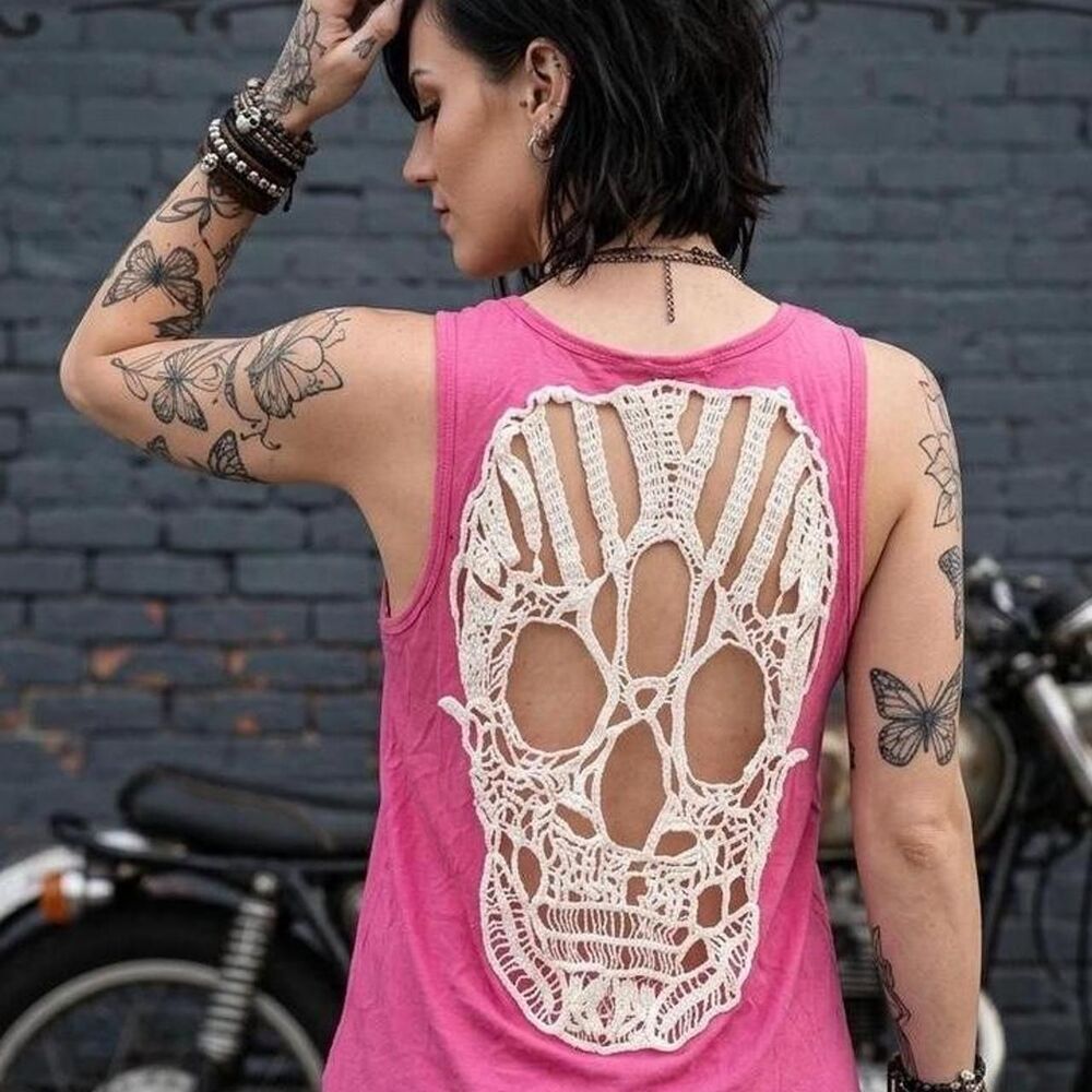 Enlin vintage hot pink crochet skull tank top Size S